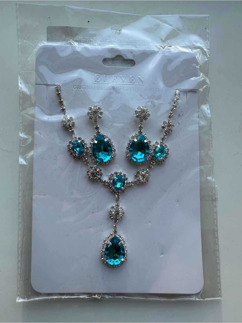 Teal Crystal Teardrop Necklace and Earring Set